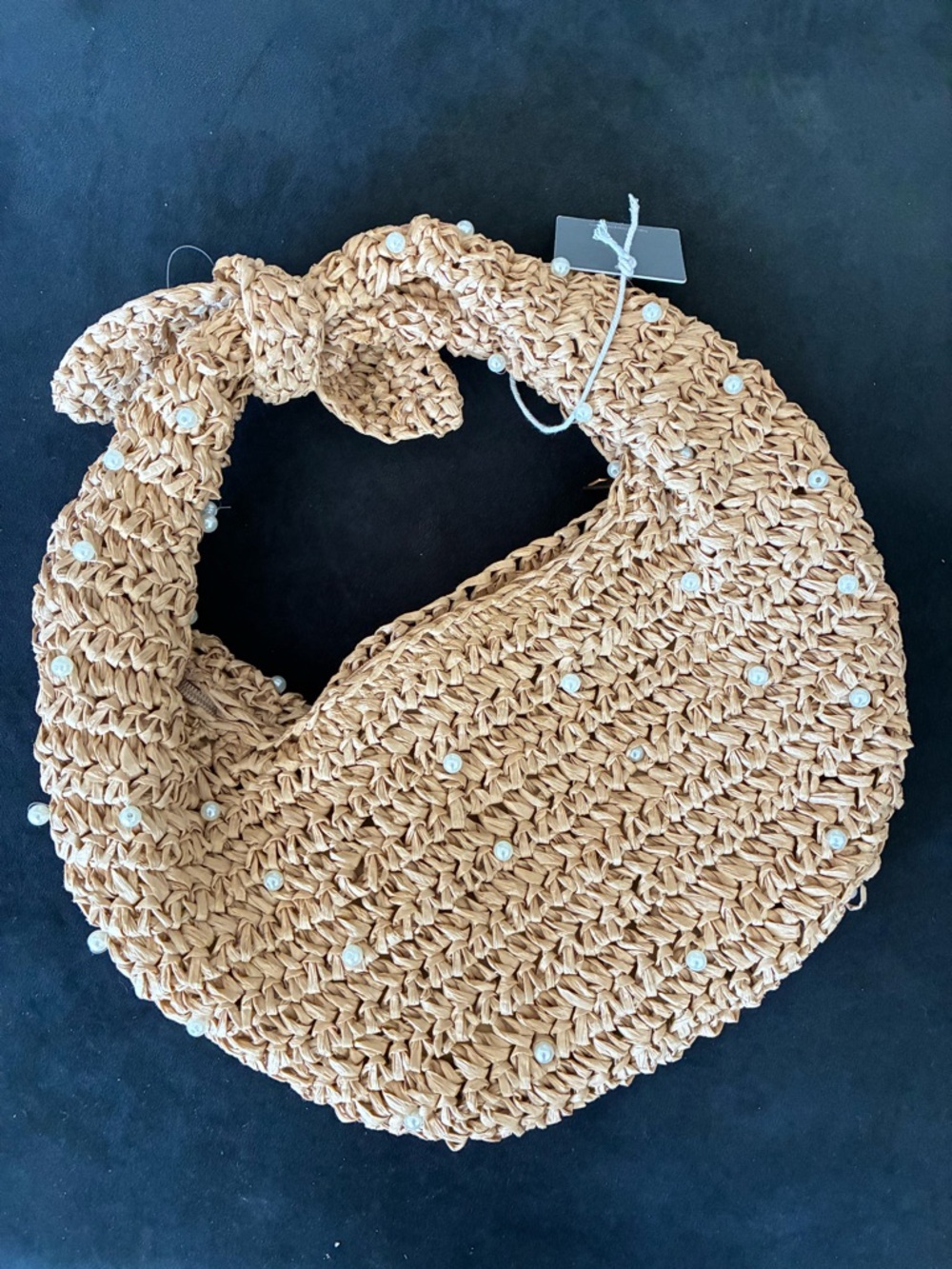 🌹Haute Hippie Tan Woven Pearl-Embellished Straw handbag Hobo - Picture 2 of 8